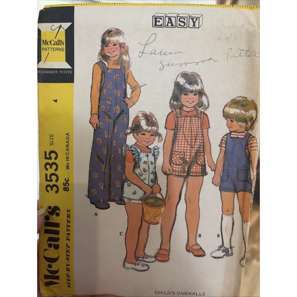 Vintage 1973 McCalls Girls Overalls Sewing Pattern 3535 Size 4 Uncut Child Easy